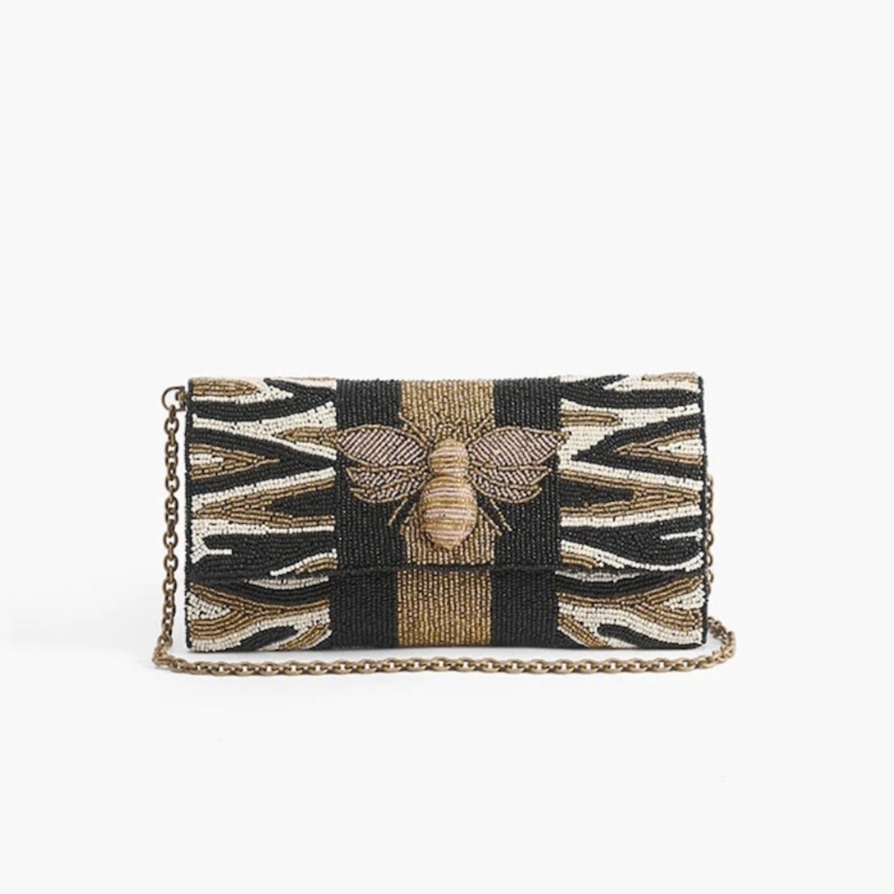 America & Beyond Bee Glam Clutch Beaded Bag Boho Shabby Chic Zebra Print